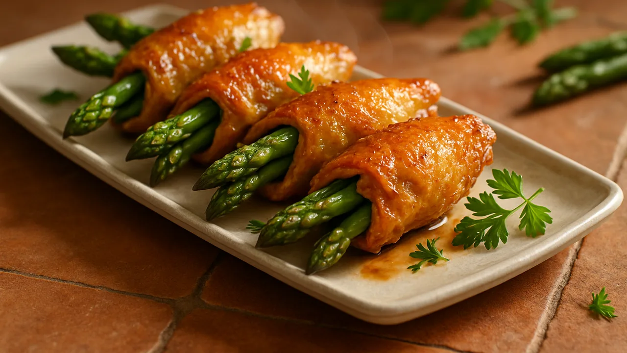 Spargel gefüllt mit Hähnchenflügel und Kräutern aus dem Airfryer mit Hähnchenflügel und grüner Spargel, auf …