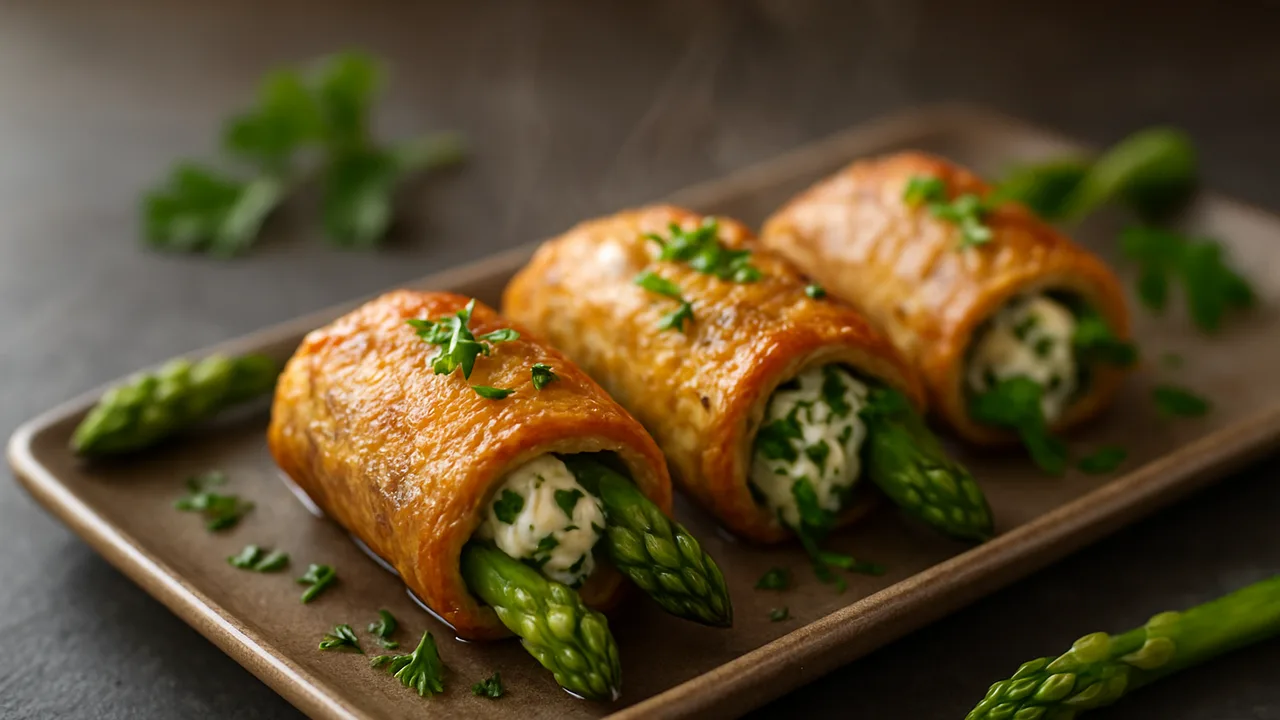 Spargel gefüllt mit Makrele und Kräutern aus dem Airfryer mit grüner Spargel und Makrelenfilet, auf dunklem Schiefer …