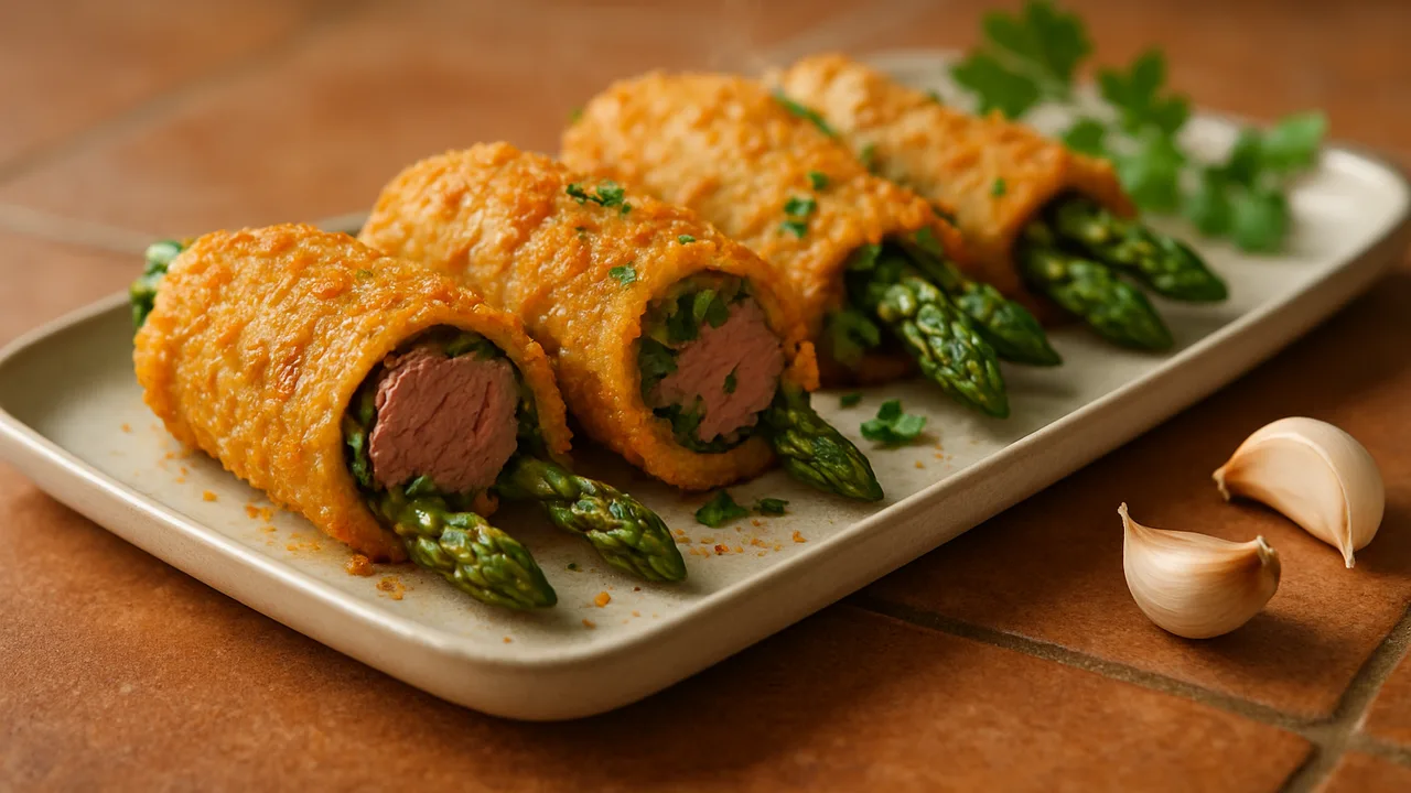 Spargel gefüllt mit Rinderfilet und Kräutern aus dem Airfryer mit Rinderfilet und grüner Spargel, auf Terracotta-Fliesen …