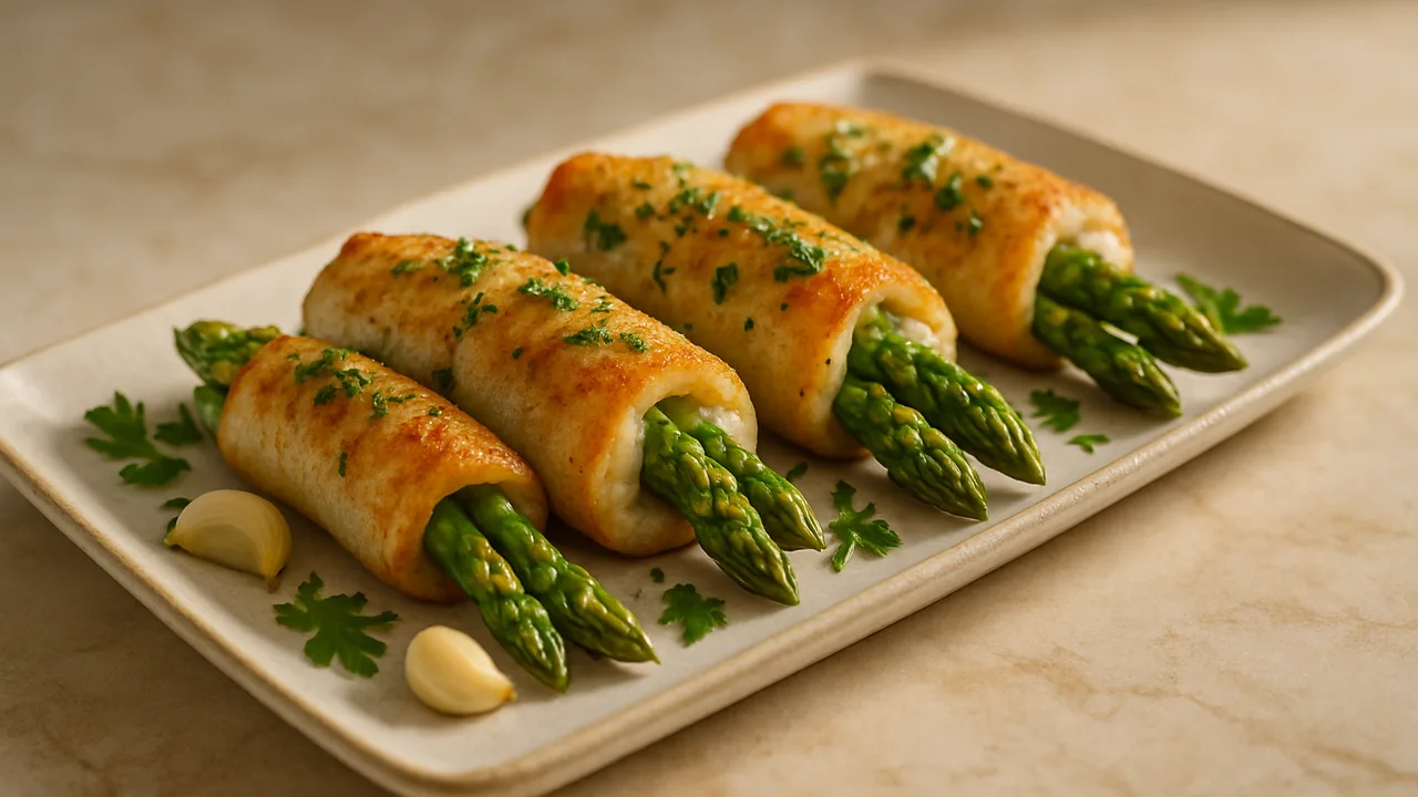 Spargel gefüllt mit Scholle und Kräutern aus dem Airfryer mit Schollenfilets und grüner Spargel, auf beigem Marmor …