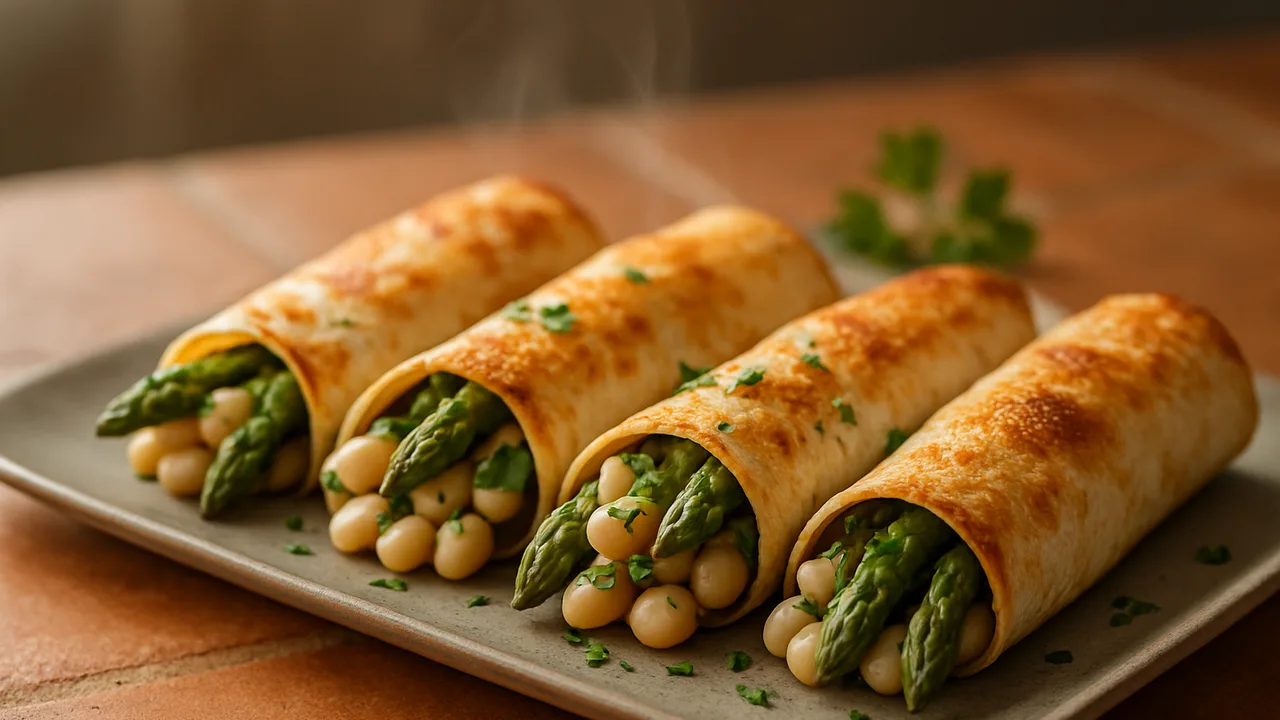 Spargel gefüllt mit weißen Bohnen und Kräutern aus dem Airfryer mit grüner Spargel und weiße Bohnen, auf Terracotta-Fliesen …