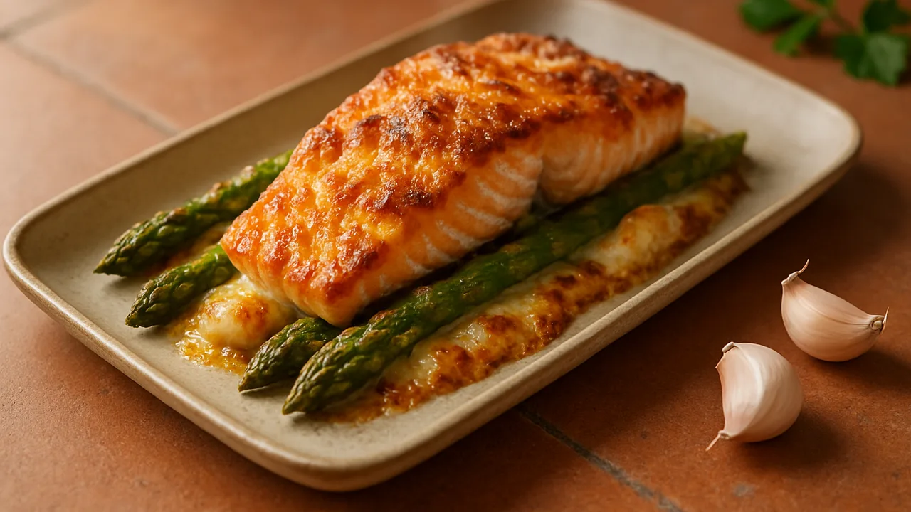 Spargel-Lachs Auflauf aus dem Airfryer mit Lachsfilet und grüner Spargel, auf Terracotta-Fliesen angerichtet.