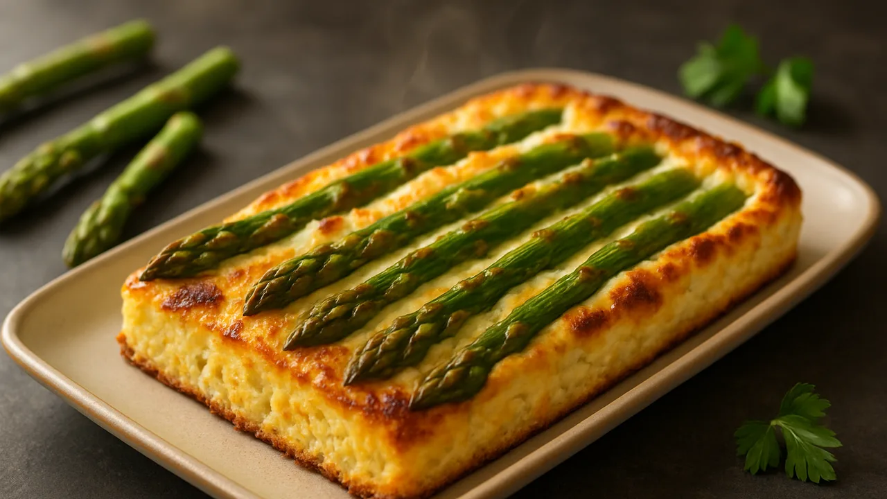 Spargel-Quark-Auflauf levantinisch aus dem Airfryer mit grüner Spargel und Quark, auf dunklem Schiefer angerichtet.