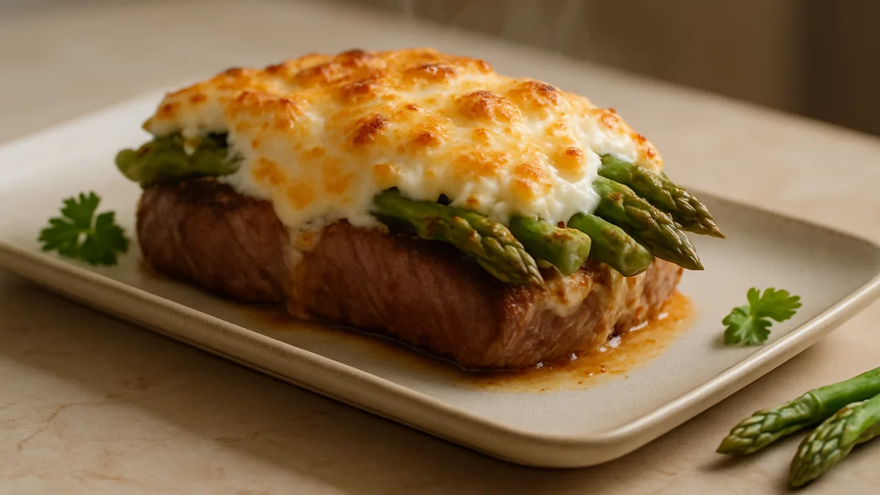 Spargel-Rumpsteak-Auflauf aus dem Airfryer mit Rumpsteak und grüner Spargel, auf beigem Marmor angerichtet.