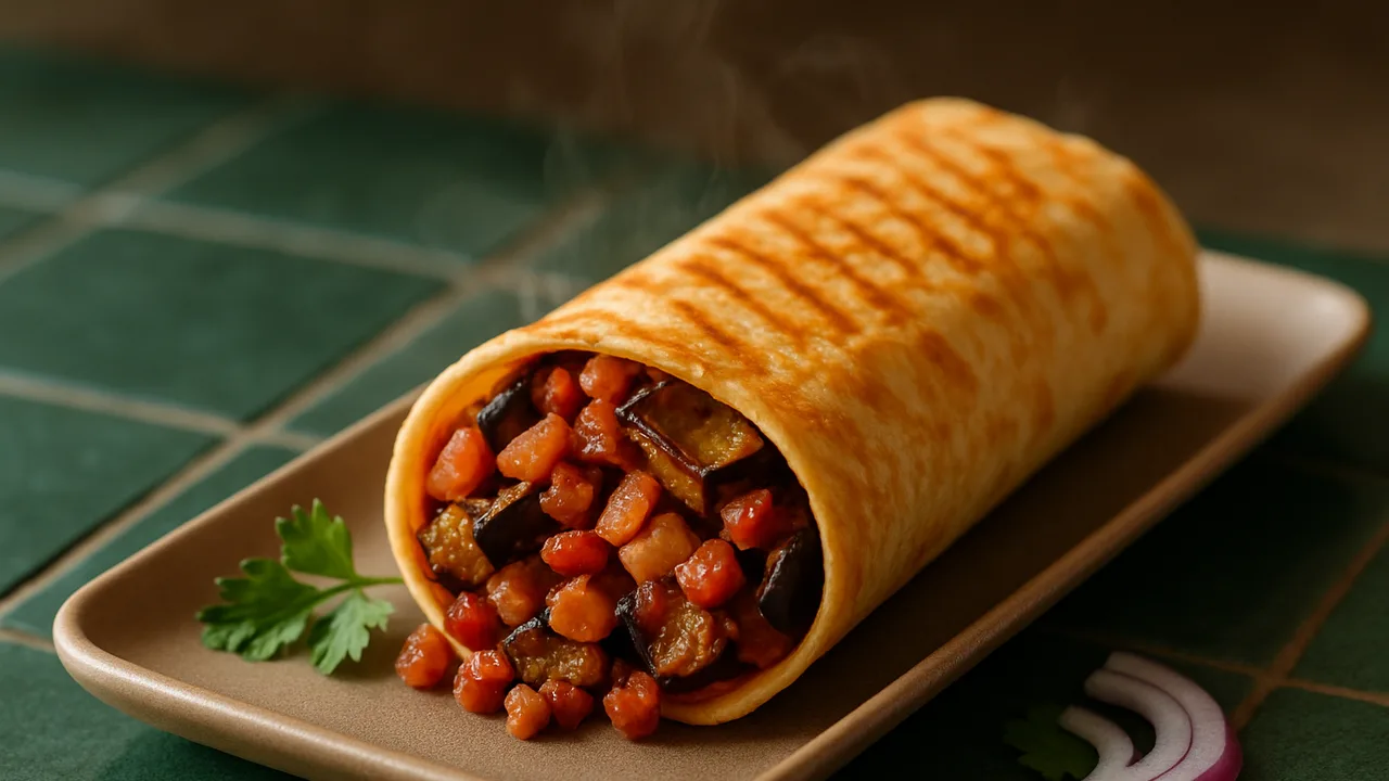 Speck-Auberginen-Wrap BBQ-Style aus dem Airfryer mit Aubergine und Speckwürfel, auf dunkelgrünen Fliesen angerichtet.