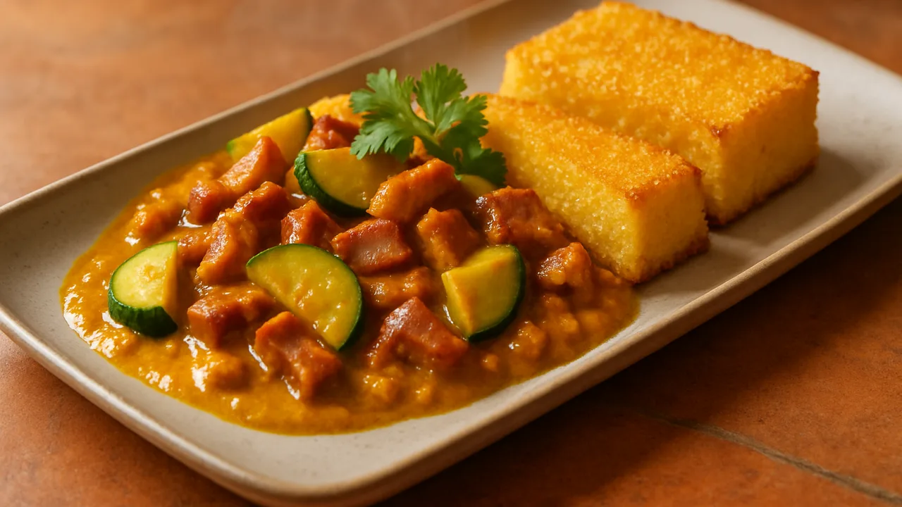 Speck-Curry mit Gurke und Polenta aus dem Airfryer mit Speck und Gurke, auf Terracotta-Fliesen angerichtet.