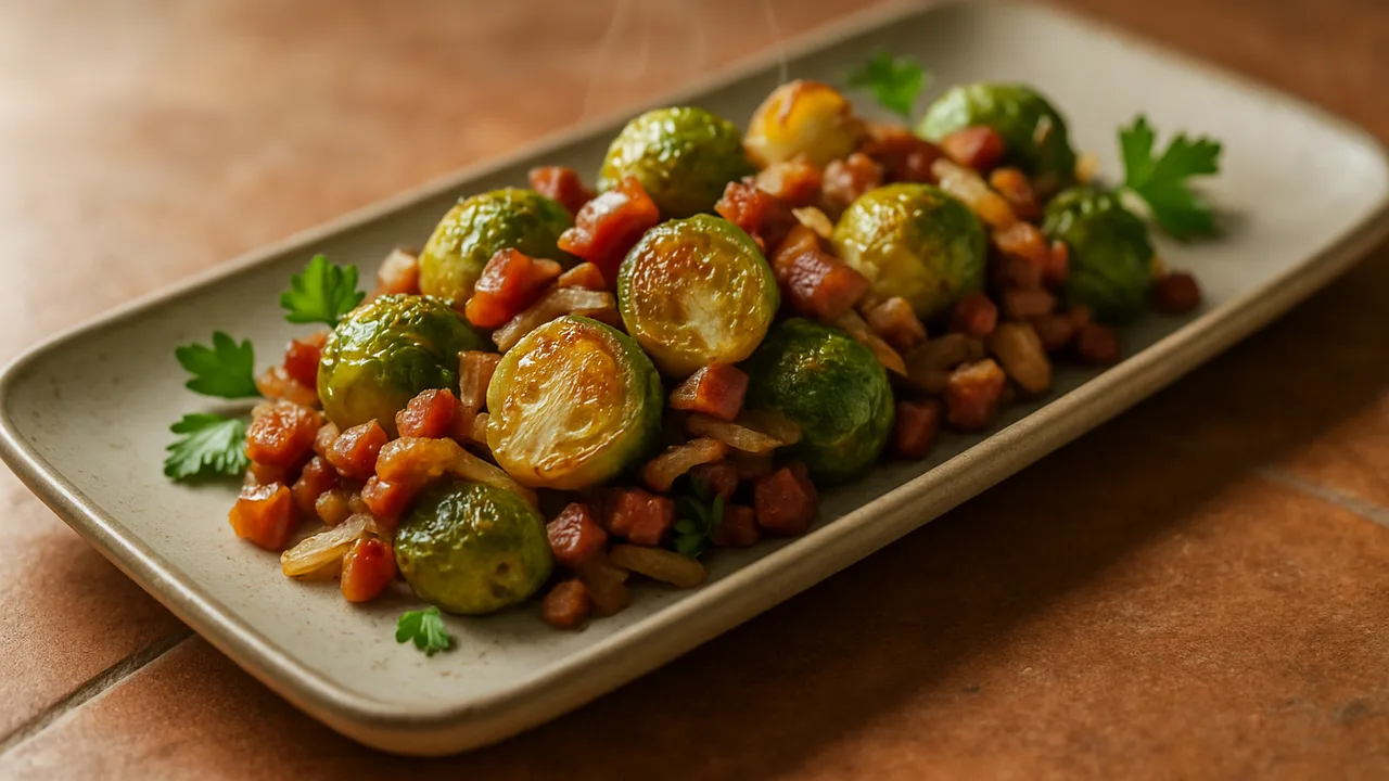 Speck-Rosenkohl-Pfanne aus dem Airfryer mit Rosenkohl und Speckwürfel, auf Terracotta-Fliesen angerichtet.