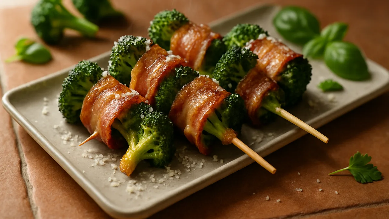 Speck-Spieße mit Brokkoli aus dem Airfryer mit Speckstreifen und Brokkoli, auf Terracotta-Fliesen angerichtet.