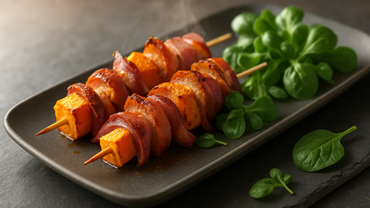 Speck-Spieße mit Feldsalat aus dem Airfryer mit Speck und Süßkartoffel, auf dunklem Schiefer angerichtet.