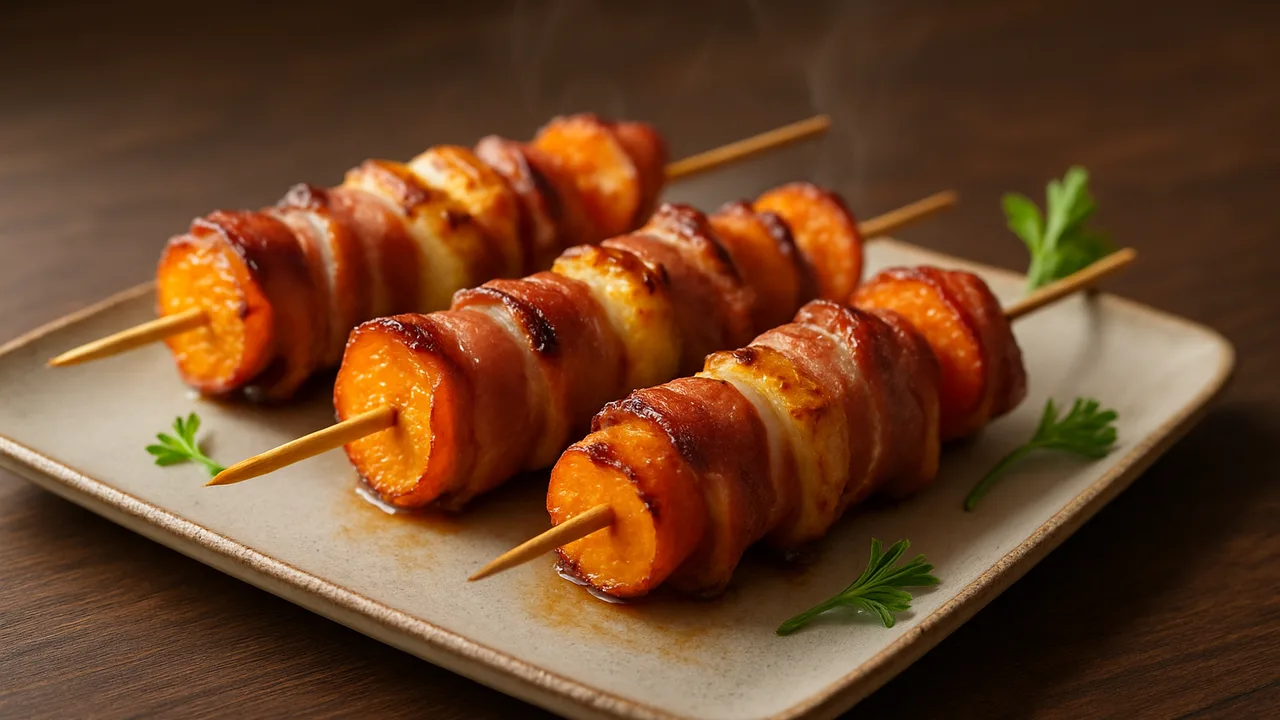 Speck-Spieße mit Karotten aus dem Airfryer mit Speckscheiben und Halloumi, auf dunklem Walnussholz angerichtet.