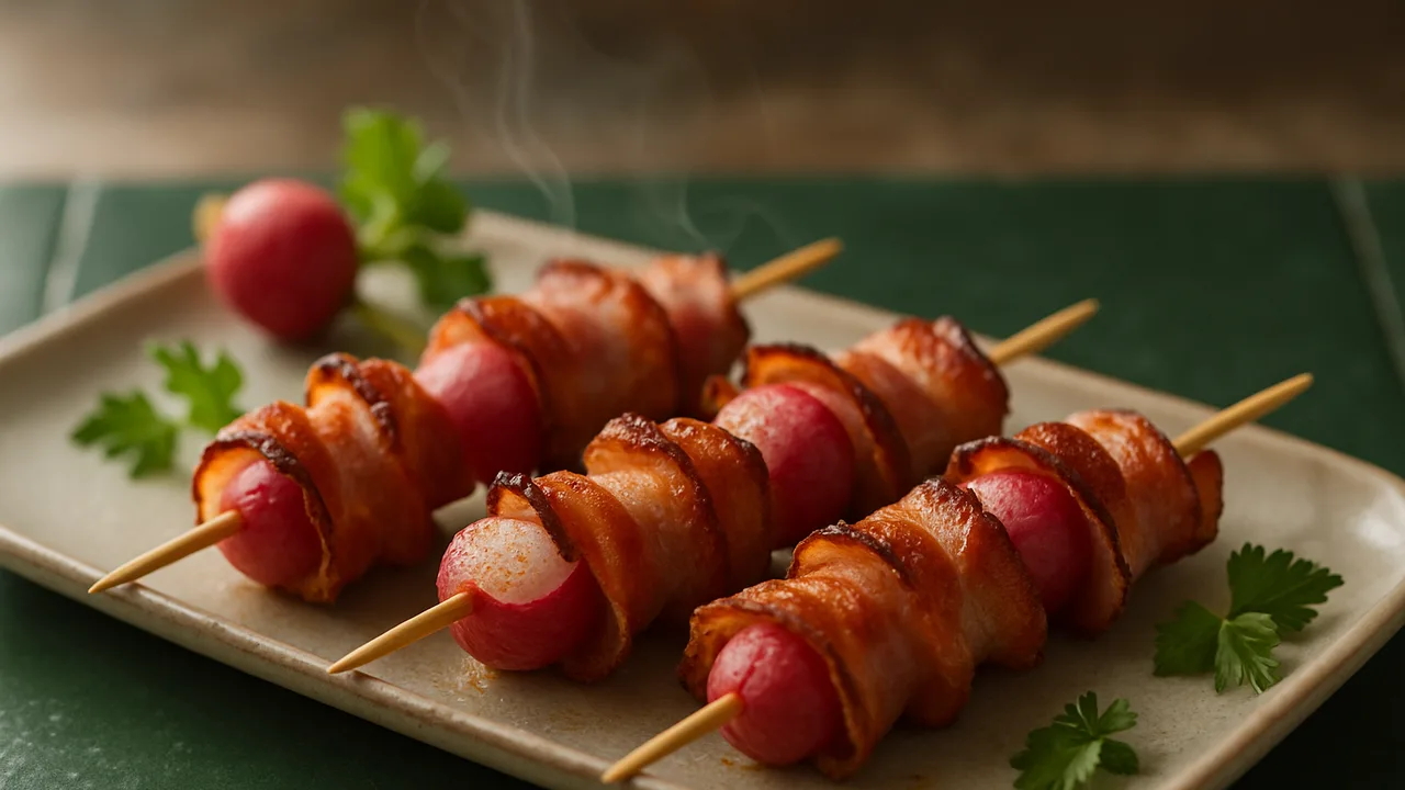 Speck-Spieße mit Radieschen aus dem Airfryer mit Speck in dünnen Scheiben und Radieschen, auf dunkelgrünen Fliesen …