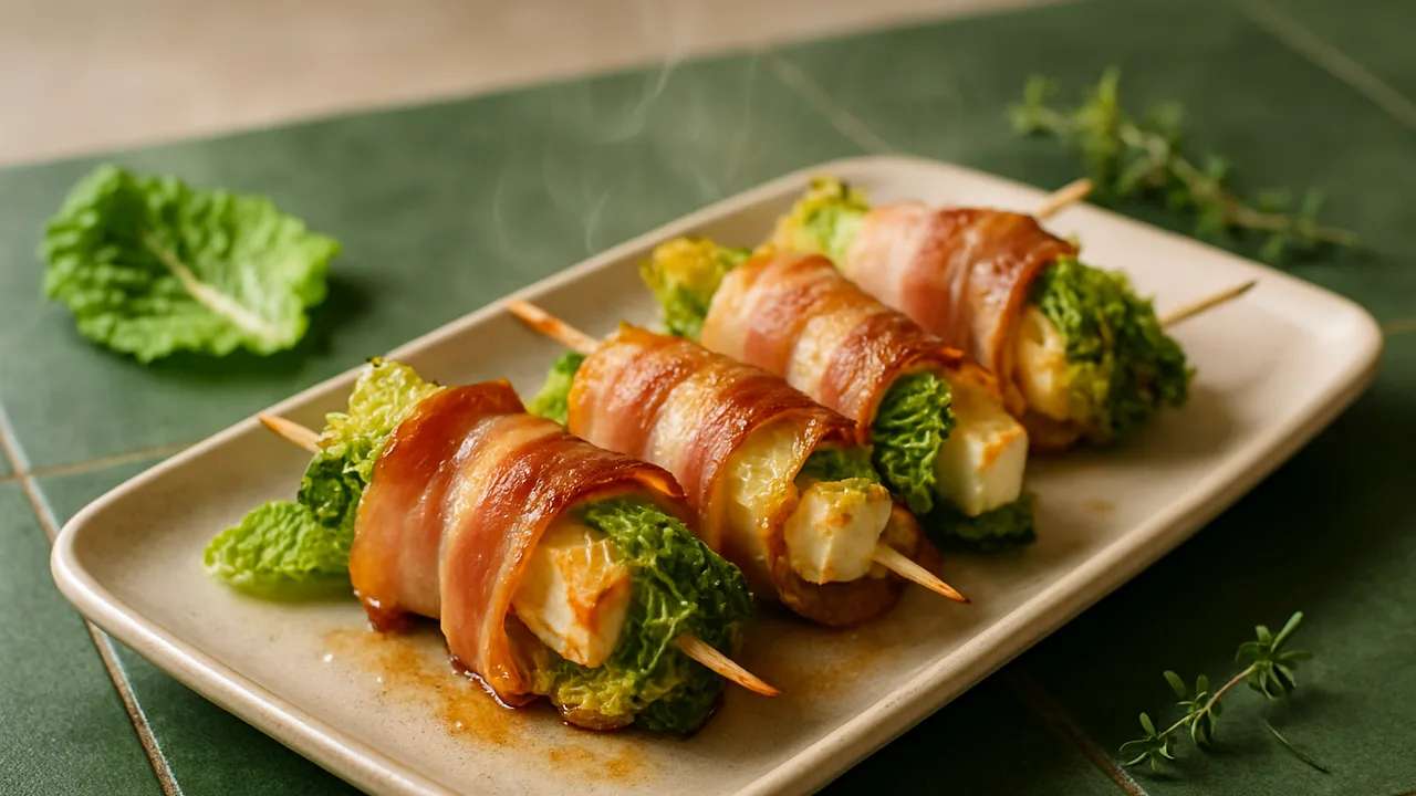 Speck-Spieße mit Wirsing aus dem Airfryer mit Speck (dünne Scheiben) und Wirsing, auf dunkelgrünen Fliesen angerichtet.