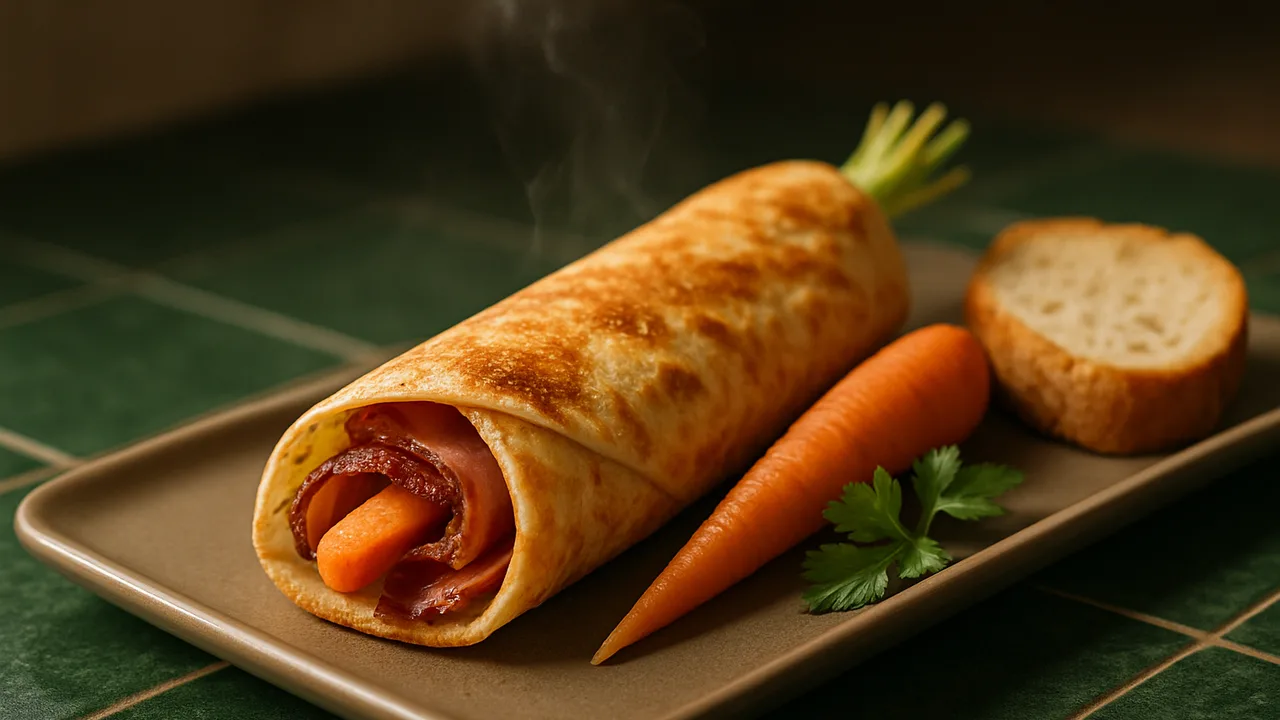 Speck Wrap mit Karotte und Brot aus dem Airfryer mit Speck und Tortilla Wraps, auf dunkelgrünen Fliesen angerichtet.