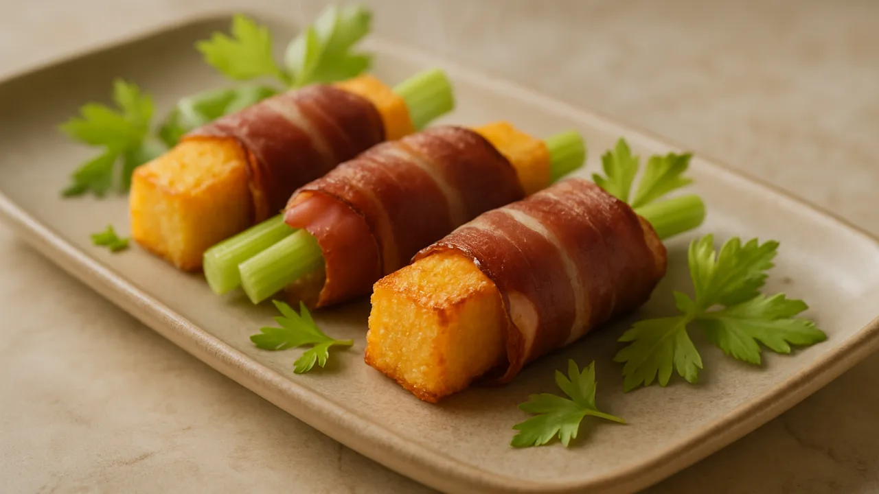 Speck Wrap mit Sellerie und Polenta aus dem Airfryer mit Speck und Staudensellerie, auf beigem Marmor angerichtet.