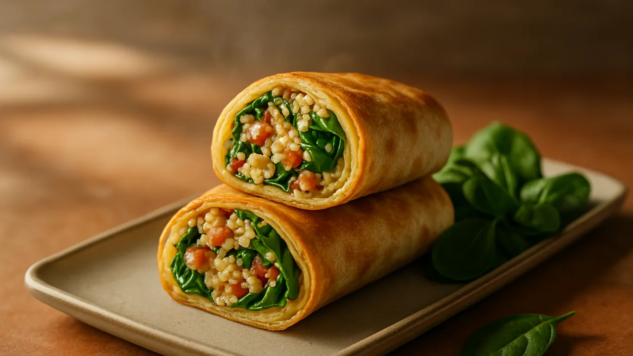 Speck Wrap mit Spinat und Couscous aus dem Airfryer mit Tortilla-Wraps und Speckwürfel, auf Terracotta-Fliesen angerichtet.