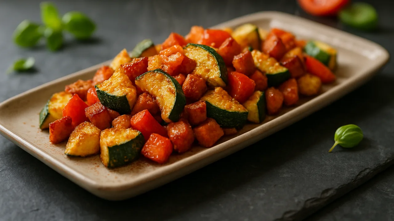 Speck-Zucchini-Pfanne aus dem Airfryer mit Speckwürfel und Zucchini, auf dunklem Schiefer angerichtet.