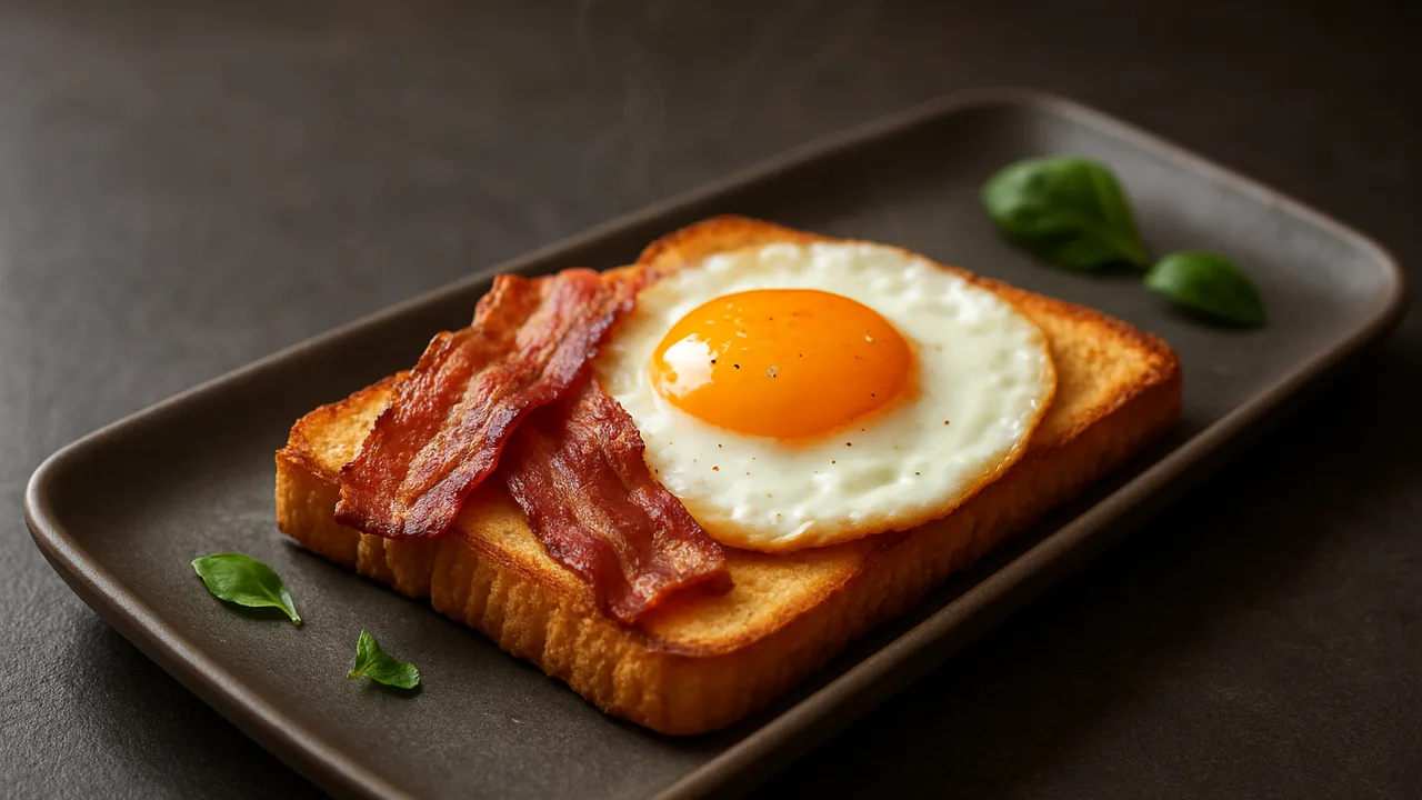 Spiegelei auf Toast mit Speck aus dem Airfryer mit Eier und Speckstreifen, auf dunklem Schiefer angerichtet.