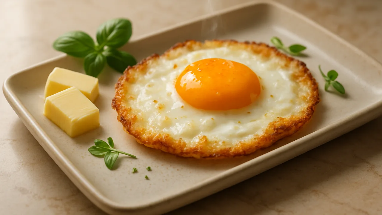 Spiegelei im Airfryer ohne Pfanne mit Eier und Butter, auf beigem Marmor angerichtet.