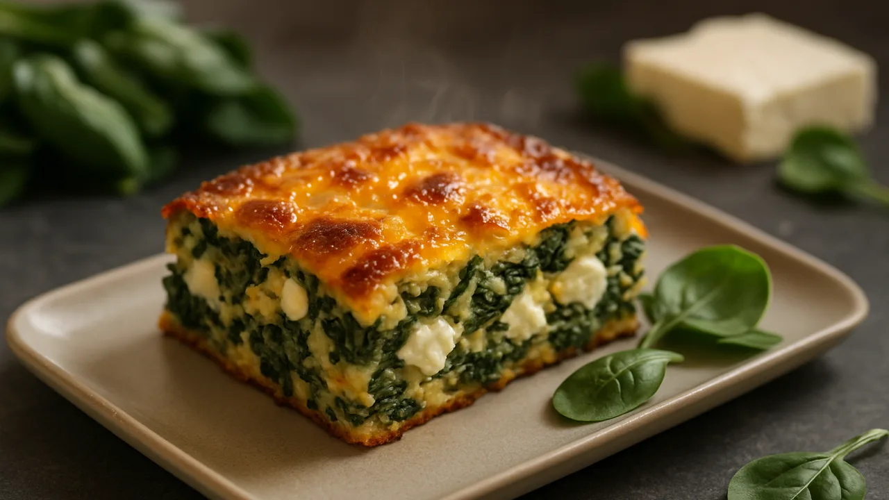 Spinat-Feta Auflauf aus dem Airfryer mit Spinat und Feta, auf dunklem Schiefer angerichtet.