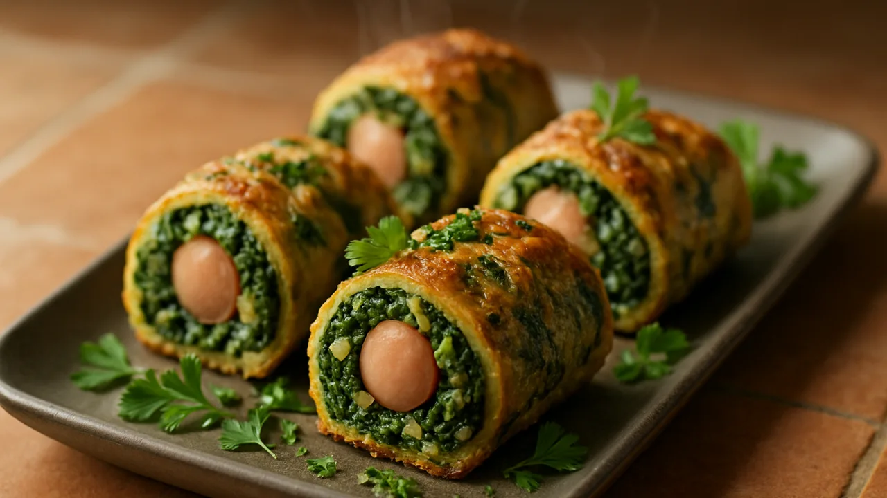 Spinat gefüllt mit Wiener Würstchen und Kräutern aus dem Airfryer mit Wiener Würstchen und Spinat, auf Terracotta-Fliesen …
