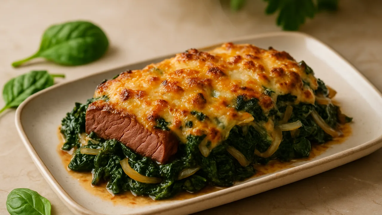 Spinat-Rumpsteak Auflauf aus dem Airfryer mit Rumpsteak und Blattspinat, auf beigem Marmor angerichtet.