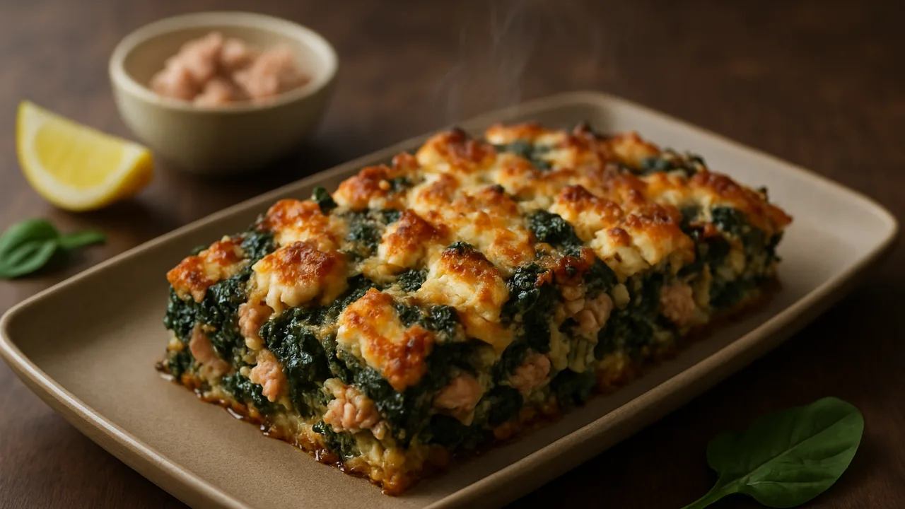 Spinat-Thunfisch Auflauf aus dem Airfryer mit Thunfisch aus der Dose und Spinat, auf dunklem Walnussholz angerichtet.