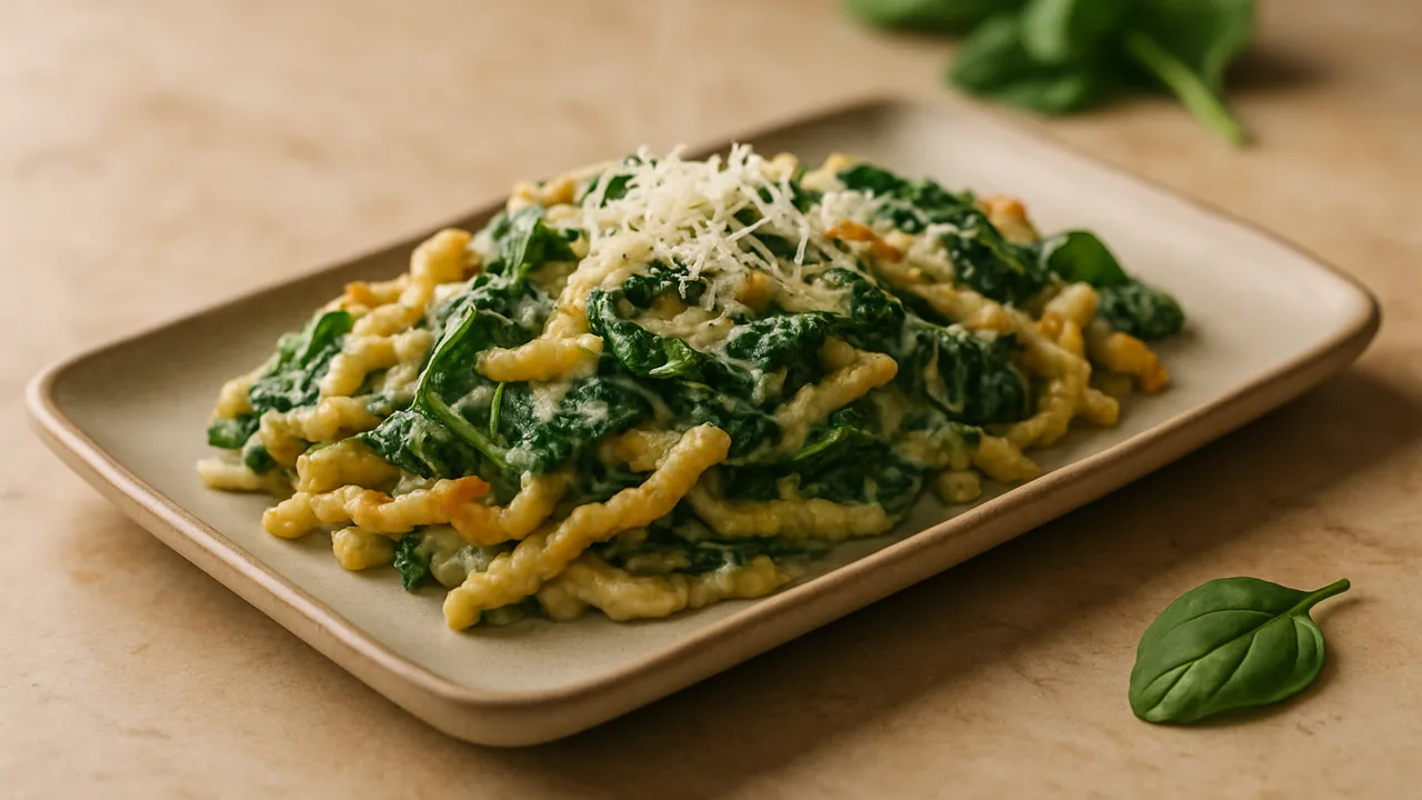 Spinatspätzle mit Sahne und Parmesan aus dem Airfryer mit Spätzle, vorgekocht und Blattspinat, auf beigem Marmor angerichtet.