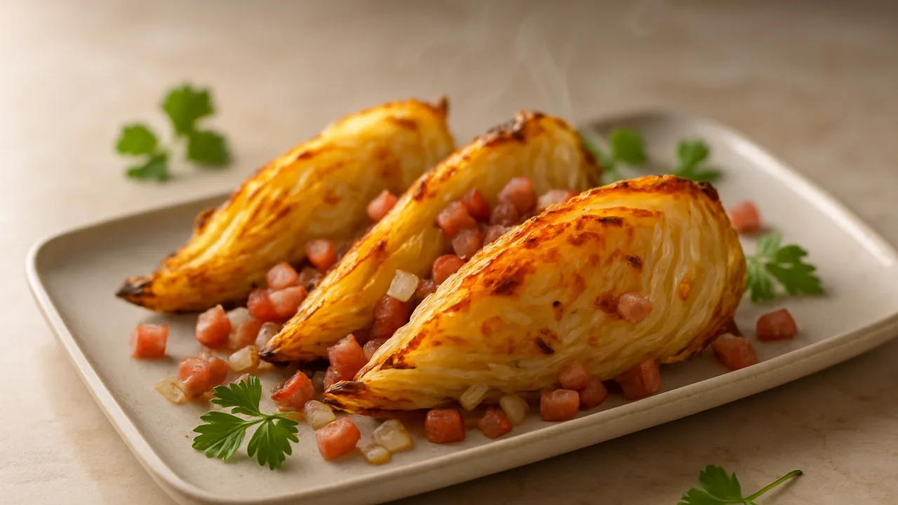 Spitzkohl aus dem Airfryer mit Speck mit Spitzkohl und Speckwürfel, auf beigem Marmor angerichtet.