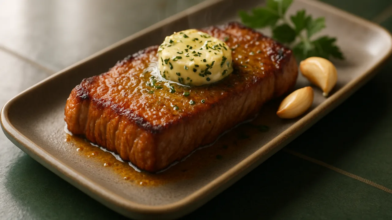 Steak mit Kräuterbutter aus dem Airfryer mit Rumpsteak und Butter, auf dunkelgrünen Fliesen angerichtet.