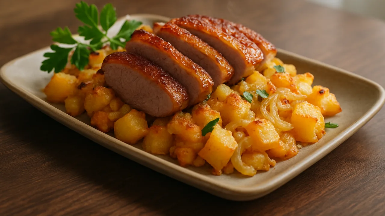 Steckrübe-Entenbrust-Auflauf aus dem Airfryer mit Entenbrust und Steckrübe, auf dunklem Walnussholz angerichtet.