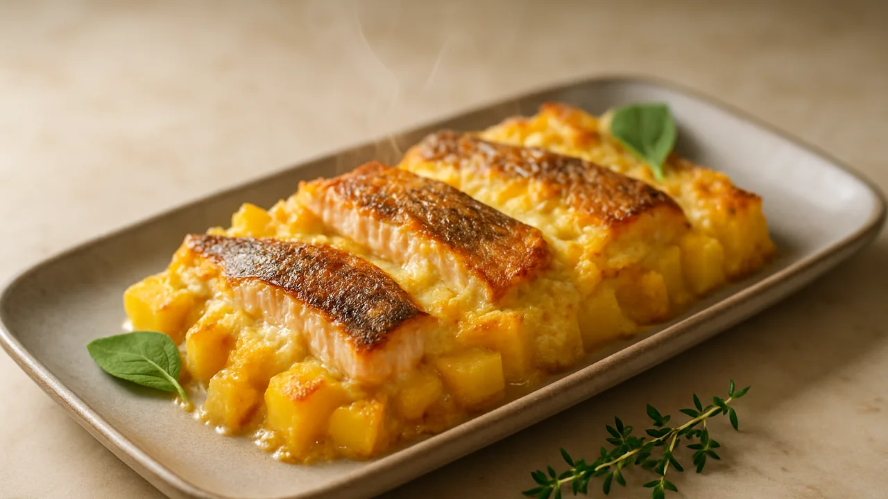 Steckrübe-Forelle Auflauf aus dem Airfryer mit Steckrübe und Forellenfilets, auf beigem Marmor angerichtet.