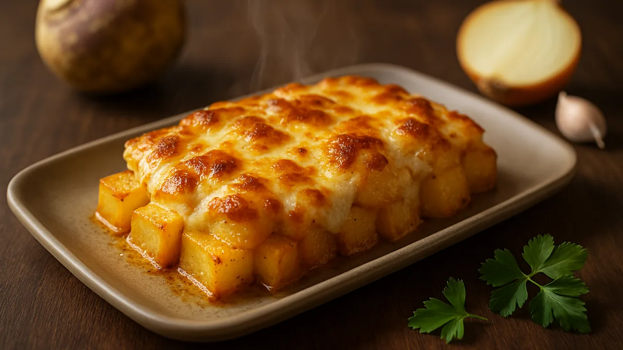 Steckrübe-Mozzarella-Auflauf aus dem Airfryer mit Steckrübe und Zwiebel, auf dunklem Walnussholz angerichtet.