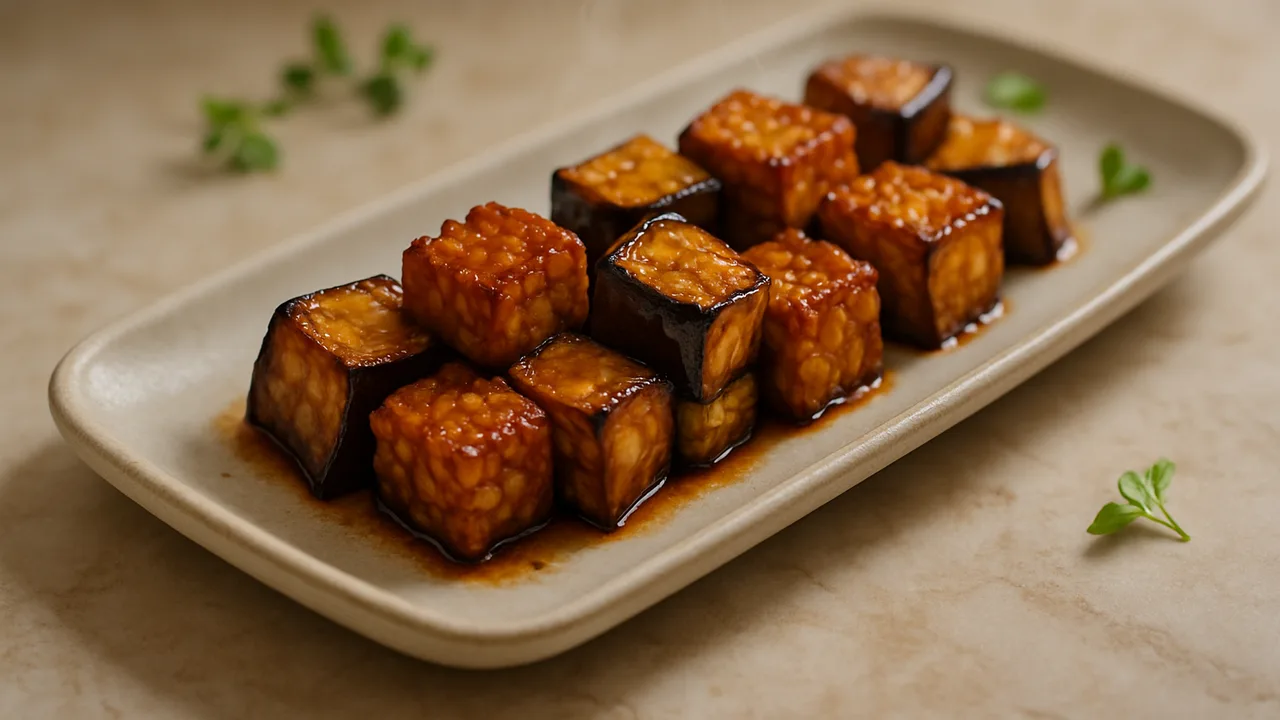 Süß-scharf Aubergine-Tempeh-Röstchen aus dem Airfryer mit Aubergine und Tempeh, auf beigem Marmor angerichtet.