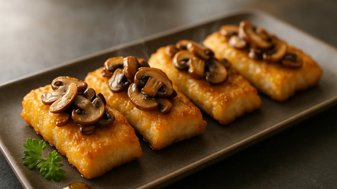 Süß-scharfe Champignons-Rotbarsch-Röstchen aus dem Airfryer mit Rotbarschfilet und Champignons, auf dunklem Schiefer …