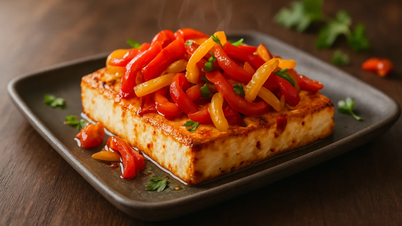 Süß-scharf Feta mit Paprika aus dem Airfryer mit Feta und rote Paprika, auf dunklem Walnussholz angerichtet.