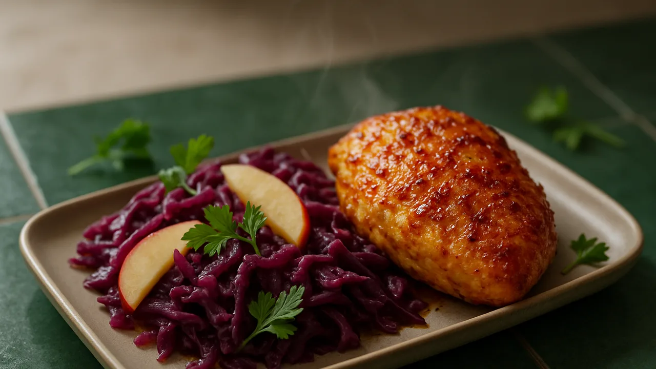 Süß-scharf Hähnchenbrust mit Rotkohl aus dem Airfryer mit Hähnchenbrust und Rotkohl, auf dunkelgrünen Fliesen angerichtet.
