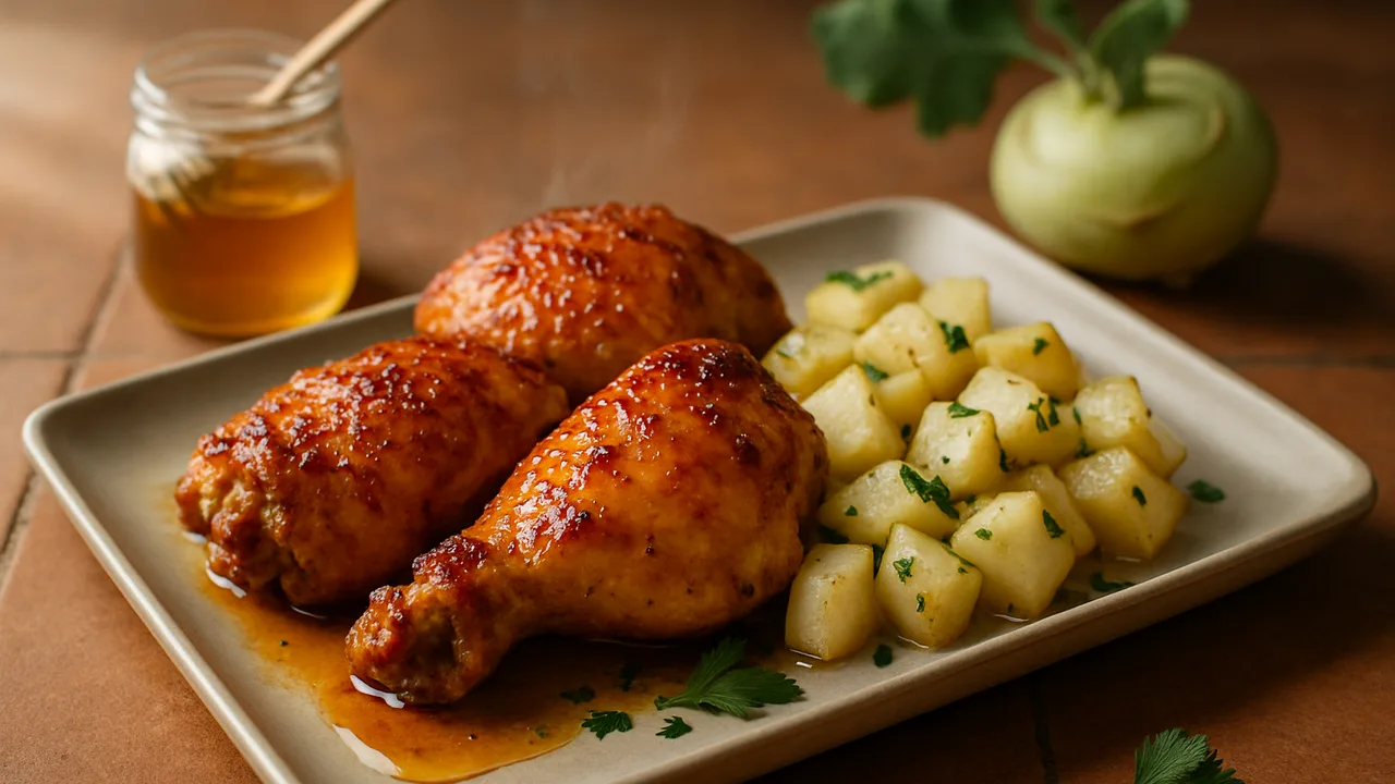 Süß-scharf Hähnchenschenkel mit Kohlrabi aus dem Airfryer mit Hähnchenschenkel und Kohlrabi, auf Terracotta-Fliesen …