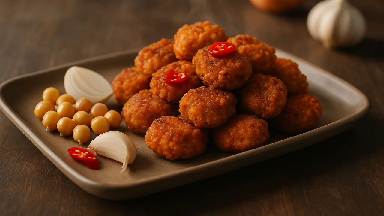 Süß-scharf Kichererbsen Nuggets mit Chili aus dem Airfryer mit Kichererbsen, abgetropft und Zwiebel, auf dunklem …