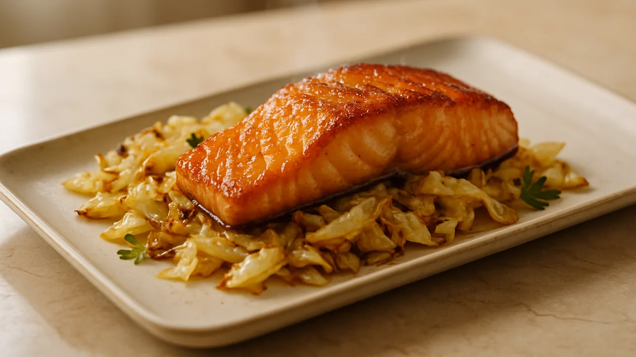 Süß-scharf Lachs mit Weißkohl aus dem Airfryer mit Lachsfilet und Weißkohl, auf beigem Marmor angerichtet.