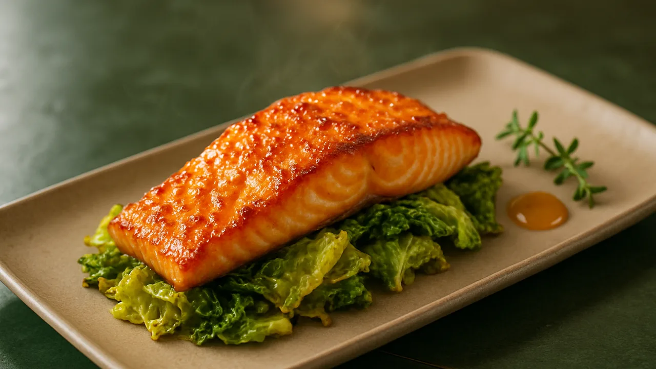 Süß-scharf Lachs mit Wirsing aus dem Airfryer mit Lachsfilet und Wirsing, auf dunkelgrünen Fliesen angerichtet.