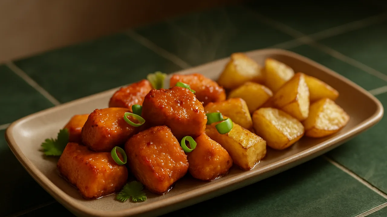 Süß-scharf Lachs Nuggets mit Kartoffel aus dem Airfryer mit Lachsfilet und Kartoffeln, auf dunkelgrünen Fliesen angerichtet.