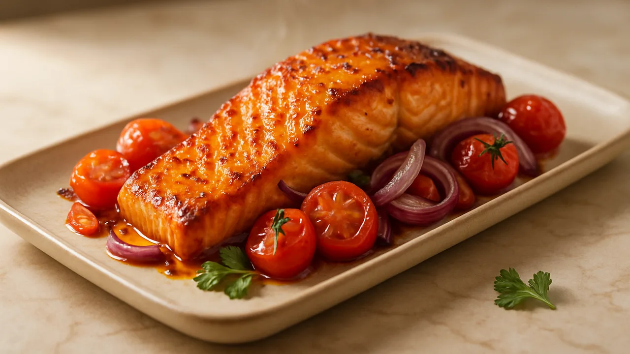 Süß-scharf Lachs-Tomate-Schale aus dem Airfryer mit Lachsfilet und Cherrytomaten, auf beigem Marmor angerichtet.