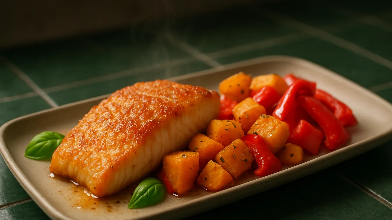 Süß-scharf Rotbarsch-Kürbis-Schale aus dem Airfryer mit Rotbarschfilet und Kürbis, auf dunkelgrünen Fliesen angerichtet.