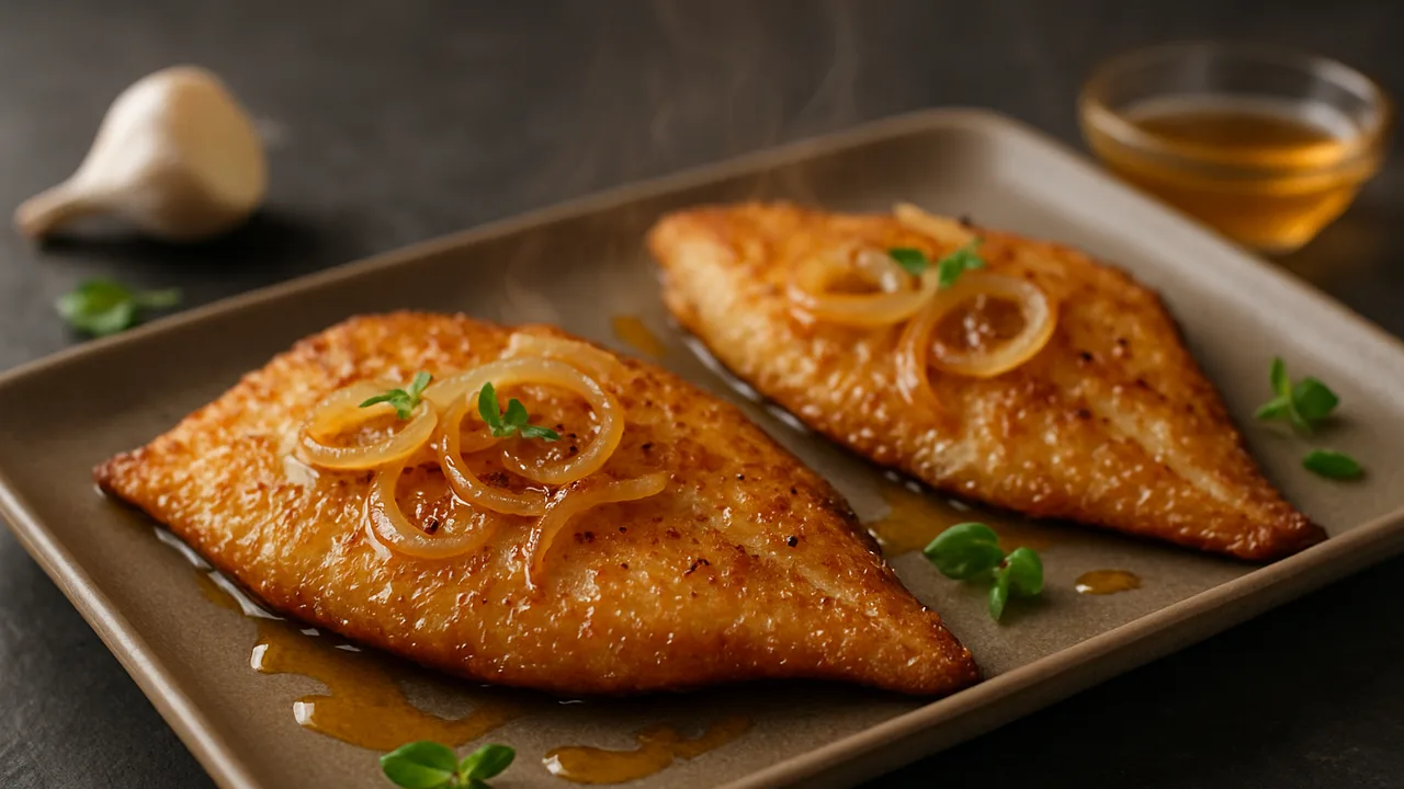 Süß-scharf Scholle mit Zwiebel aus dem Airfryer mit Schollenfilets und Zwiebel, auf dunklem Schiefer angerichtet.