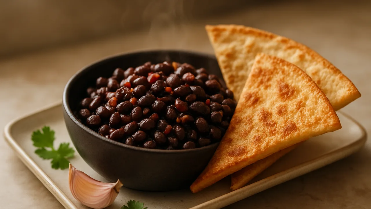 Süß-scharf Schwarze Bohnen Bowl mit Tortilla und Knoblauch aus dem Airfryer mit schwarze Bohnen und Tortilla-Wraps, auf …