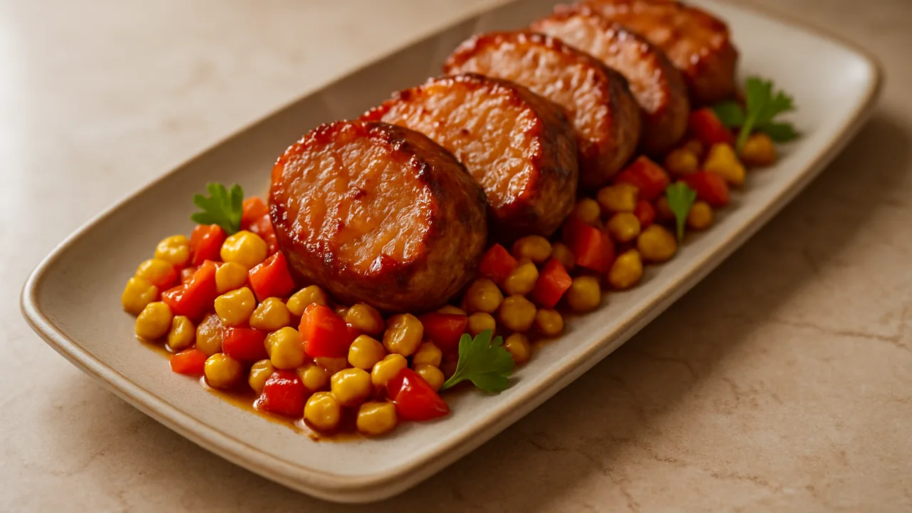 Süß-scharfes Schweinefilet mit Mais aus dem Airfryer mit Schweinefilet und Mais, auf beigem Marmor angerichtet.