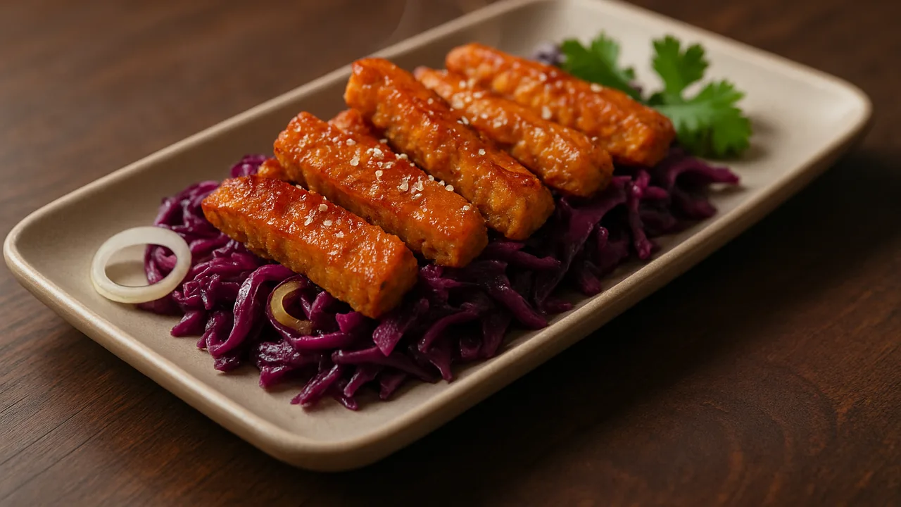 Süß-scharf Seitan mit Rotkohl aus dem Airfryer mit Seitan und Rotkohl, auf dunklem Walnussholz angerichtet.