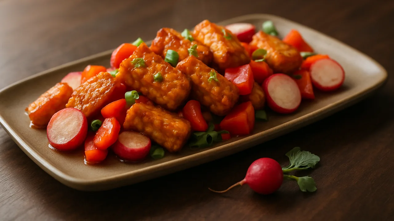 Süß-scharf Tempeh mit Radieschen aus dem Airfryer mit Tempeh und Radieschen, auf dunklem Walnussholz angerichtet.