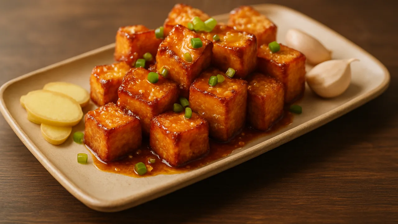 Süß-scharf Tofu-Ingwer-Schale aus dem Airfryer mit Tofu und Ingwer, auf dunklem Walnussholz angerichtet.