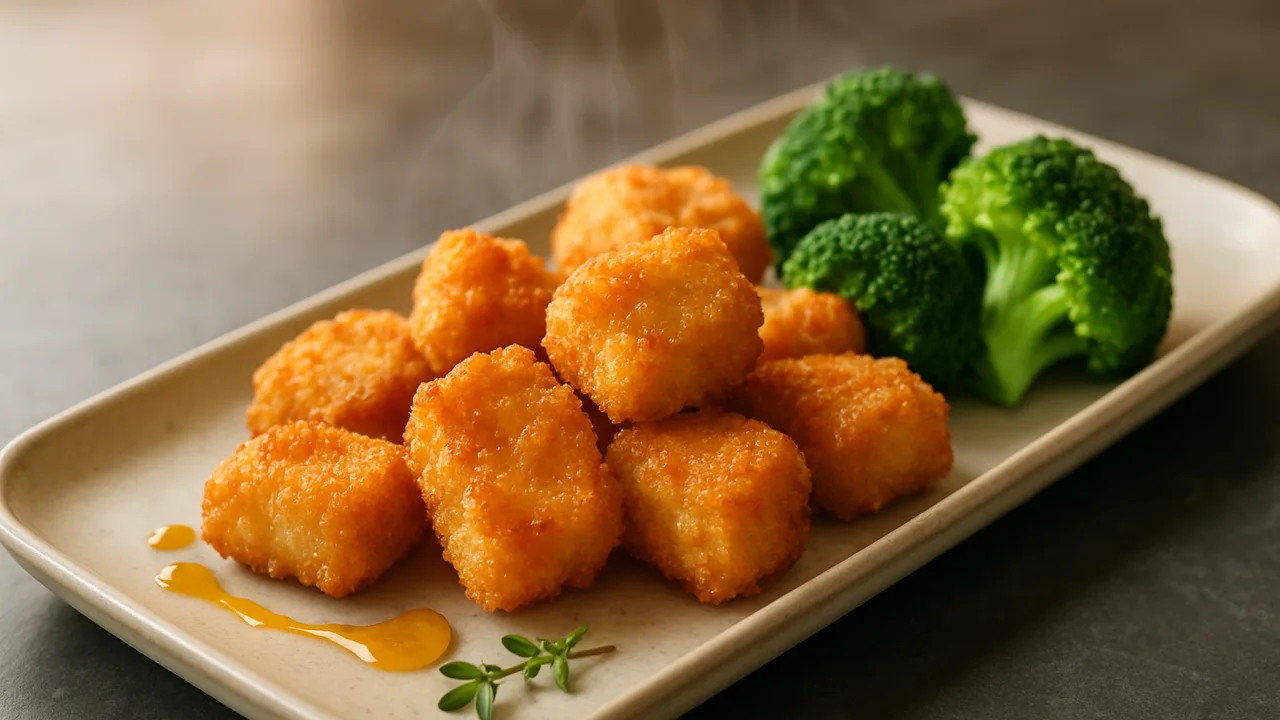 Süß-scharf Zander Nuggets mit Brokkoli aus dem Airfryer mit Zanderfilet und Ei, auf dunklem Schiefer angerichtet.